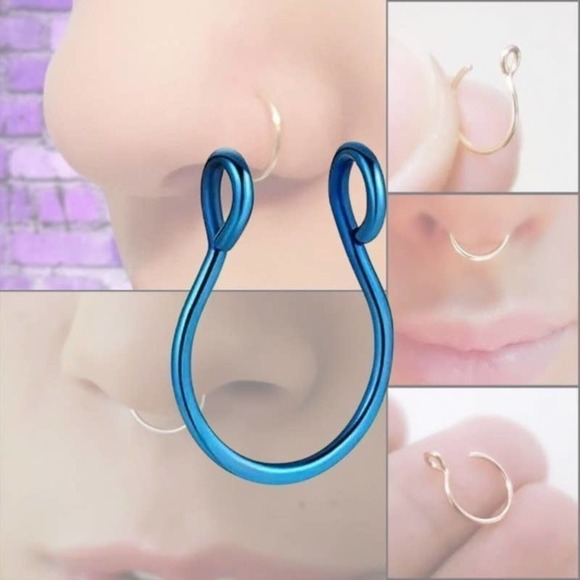SINGLE Fake Septum Nose Ring Cuff - Blue - Picture 1 of 6